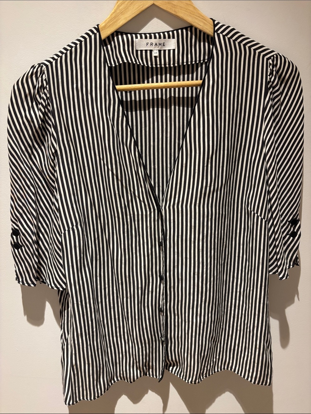 Frame 100% Silk Black & White Striped Button-Down Blouse (with subtle hearts)